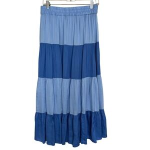 Emily McCarthy Tiered Blue Colorblock Maxi Skirt M Pull On Elastic Waistband